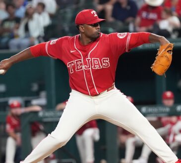 Texas Rangers right-hander Kumar Rocker, No. 80, strides toward the plate in a red Tejas jersey.