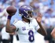 Baltimore Ravens quarterback Lamar Jackson cocks the ball back to throw during pregame warmups.