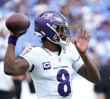 Baltimore Ravens quarterback Lamar Jackson cocks the ball back to throw during pregame warmups.