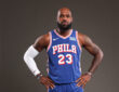 Philadelphia 76ers forward LeBron James poses for a portrait during NBA Media Day at the team's training complex.