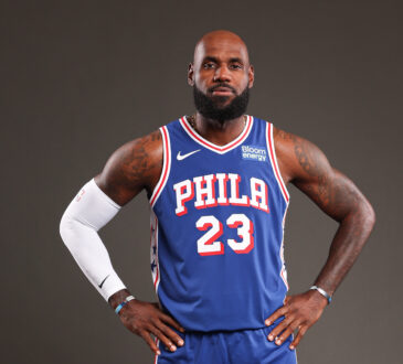 Philadelphia 76ers forward LeBron James poses for a portrait during NBA Media Day at the team's training complex.