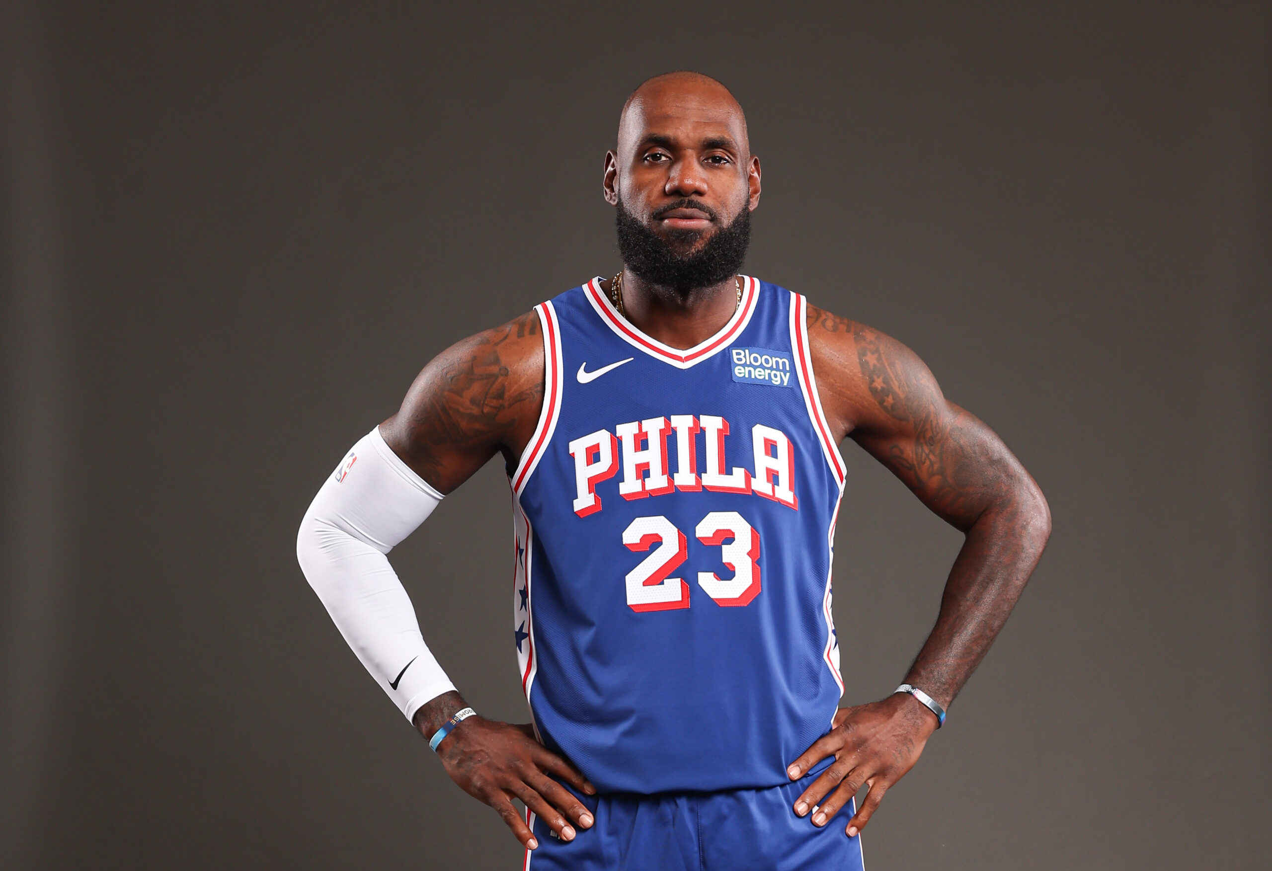 Philadelphia 76ers forward LeBron James poses for a portrait during NBA Media Day at the team's training complex.