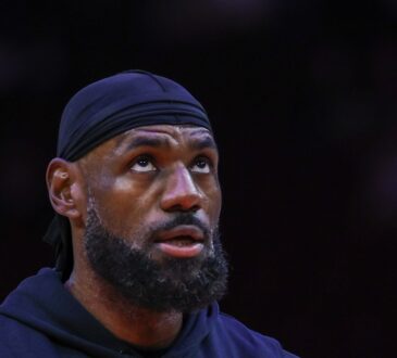 Los Angeles Lakers forward LeBron James #23 reacts to his shot before playing against the Houston Rockets at Toyota Center.