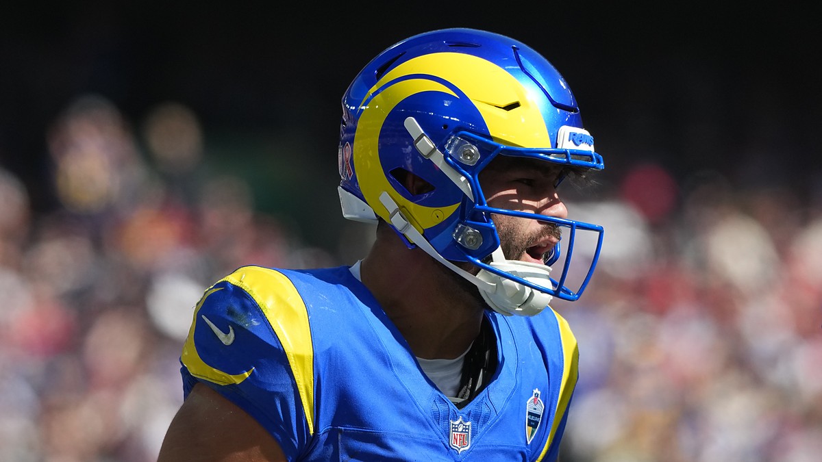Los Angeles Rams wide receiver Makea Nacua shouts through his face mask after making a catch.