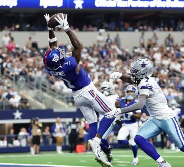 New York Giants wide receiver Malik Nabers catches a touchdown pass over Dallas Cowboys cornerback Trevon Diggs in the end zone.