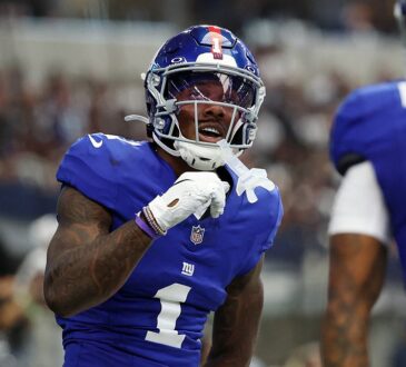 New York Giants wide receiver Malik Nabers celebrates after scoring a touchdown against the Dallas Cowboys.