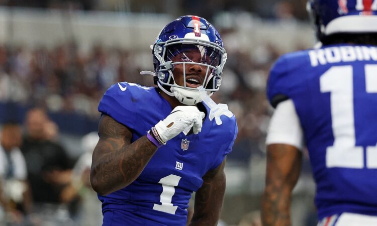 New York Giants wide receiver Malik Nabers celebrates after scoring a touchdown against the Dallas Cowboys.