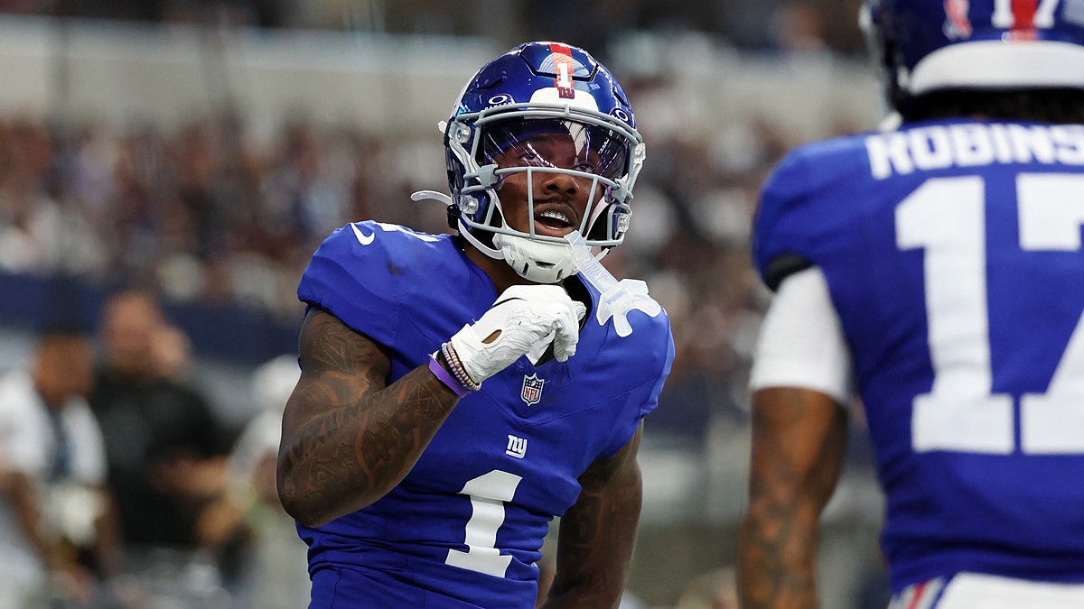 New York Giants wide receiver Malik Nabers celebrates after scoring a touchdown against the Dallas Cowboys.