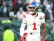 New York Giants wide receiver Malik Nabers walks off after a touchdown catch against the Philadelphia Eagles.