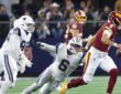 Washington Commanders quarterback Marcus Mariota scrambles as Cowboys linebacker Donovan Ezeiruaku dives after him.