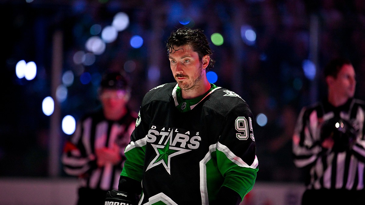 Stars center Matt Duchene stands on the ice under arena lights before puck drop against the Wild.