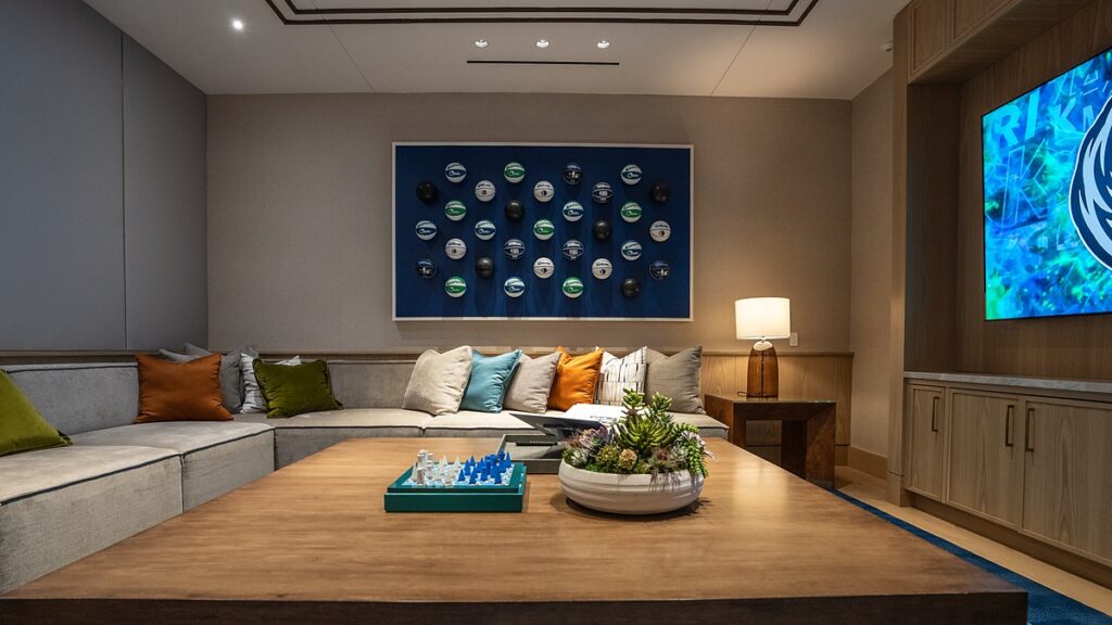 Dallas Mavericks players’ lounge sectional below a framed wall display of mini Mavericks basketballs.