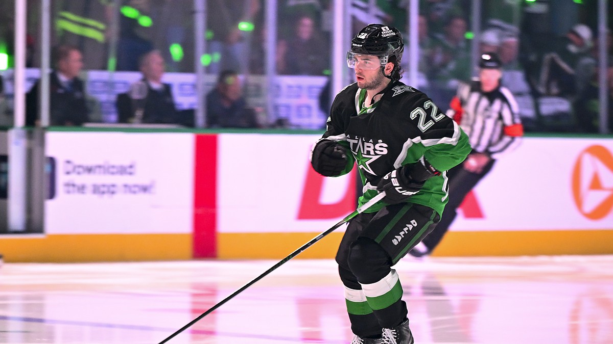 Dallas Stars center Mavrik Bourque, No. 22, skates with his stick out before a playoff game.