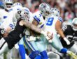 Las Vegas Raiders defensive end Maxx Crosby wraps up Dak Prescott as the ball comes loose behind them.