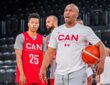 Canada Basketball assistant coach Nathaniel Mitchell calls out instructions while holding a basketball at practice.