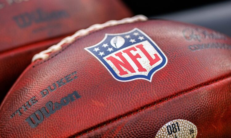 A close view of the NFL shield stamped on a Wilson game football resting alongside another ball.