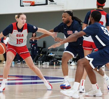 Dallas Wings guard Paige Bueckers dribbles against defenders during a Team USA practice.