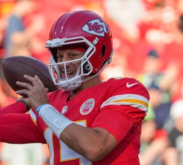 Kansas City Chiefs quarterback Patrick Mahomes cocks the ball to throw during warmups before a game against the Seahawks.