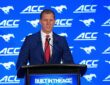 SMU head coach Rhett Lashlee speaks at a podium in front of an ACC and Mustangs backdrop.