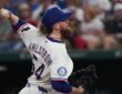 Texas Rangers pitcher Robby Ahlstrom reaches back with the ball as he throws to the plate against Boston.