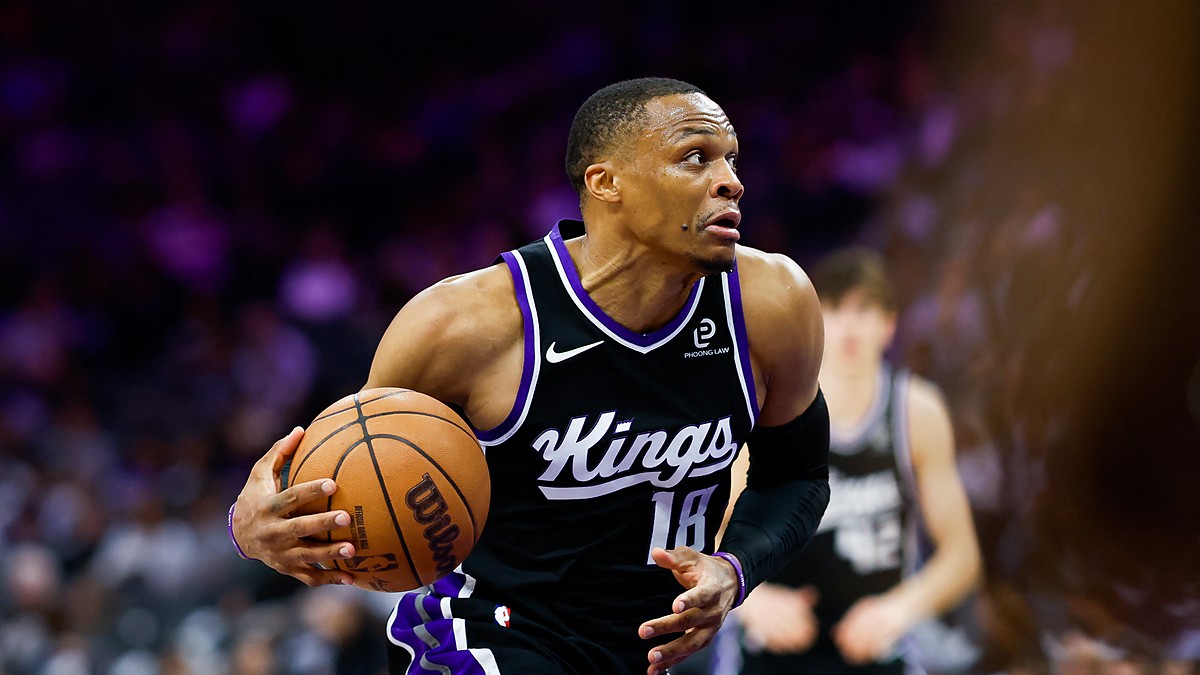 Sacramento Kings guard Russell Westbrook drives with the ball in a black home uniform at Golden 1 Center.