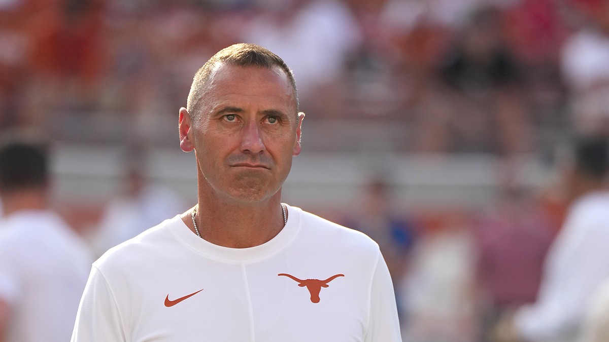 Texas Longhorns head coach Steve Sarkisian watches warmups on the field before facing Ohio State in Austin.