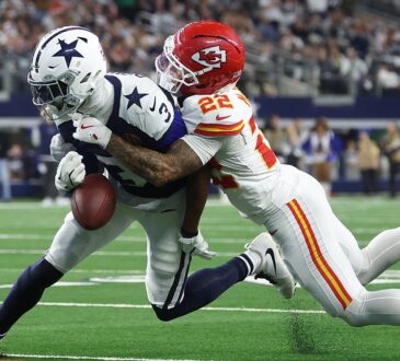 Kansas City Chiefs cornerback Trent McDuffie wraps up Dallas Cowboys wide receiver George Pickens as the ball pops loose.
