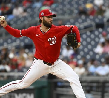 Washington Nationals starting pitcher Trevor Williams throws in his red home uniform at Nationals Park.