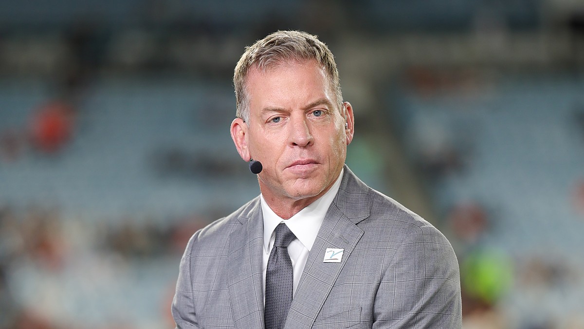 Troy Aikman wears a headset microphone at the broadcast position before the Bengals and Jaguars game.
