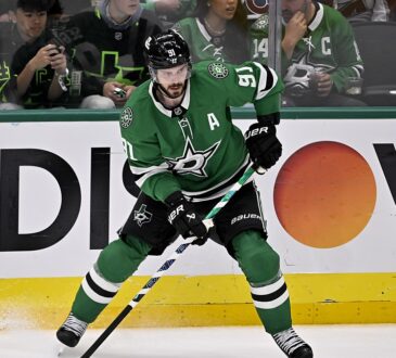 Dallas Stars center Tyler Seguin skates with his stick down along the boards during a playoff game against the Colorado Avalanche.