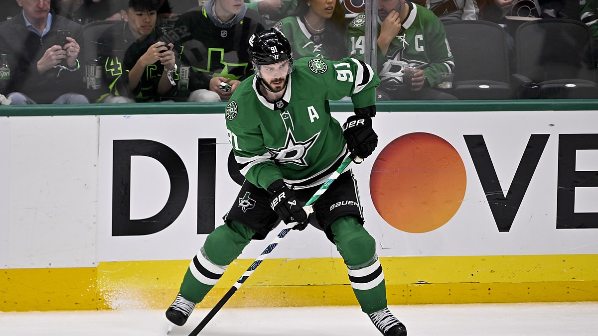 Dallas Stars center Tyler Seguin skates with his stick down along the boards during a playoff game against the Colorado Avalanche.