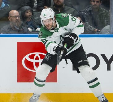 Dallas Stars forward Tyler Seguin follows through on a shot along the boards at Rogers Arena.