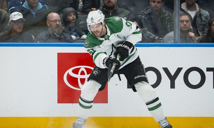 Dallas Stars forward Tyler Seguin follows through on a shot along the boards at Rogers Arena.