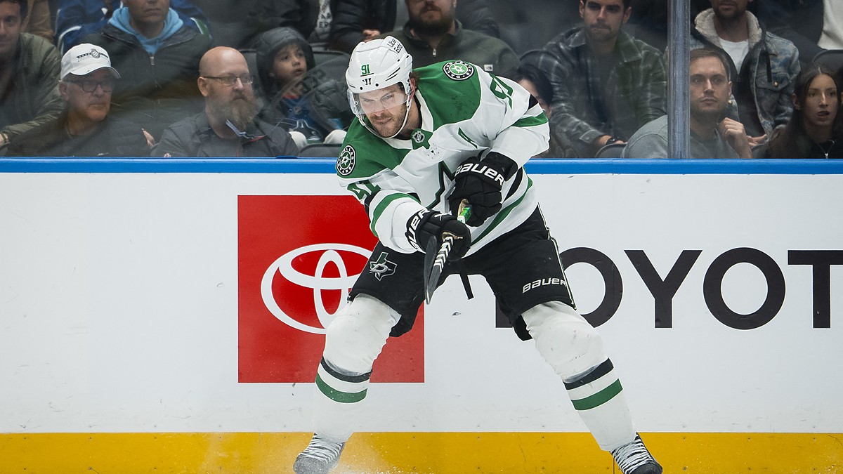Dallas Stars forward Tyler Seguin follows through on a shot along the boards at Rogers Arena.