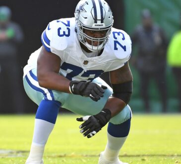 Dallas Cowboys offensive lineman Tyler Smith crouches in his stance at the line of scrimmage against the Eagles.