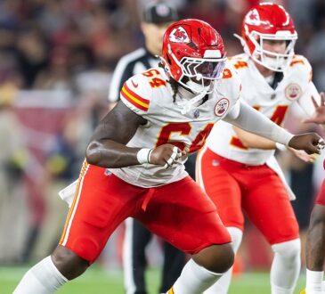 Kansas City Chiefs offensive tackle Wanya Morris slides into pass protection during a preseason game at State Farm Stadium.