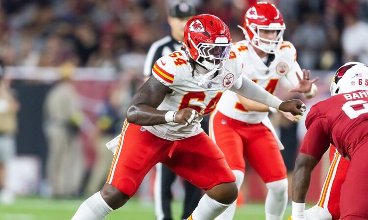 Kansas City Chiefs offensive tackle Wanya Morris slides into pass protection during a preseason game at State Farm Stadium.