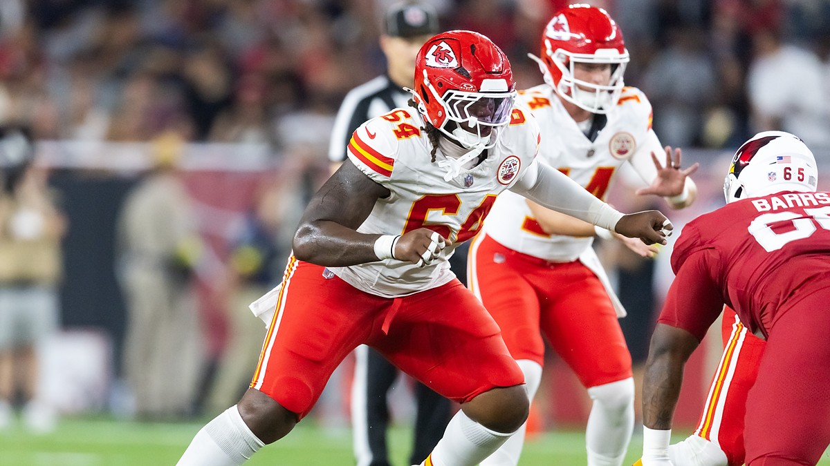 Kansas City Chiefs offensive tackle Wanya Morris slides into pass protection during a preseason game at State Farm Stadium.