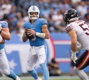 Tennessee Titans quarterback Will Levis looks downfield from the pocket during a preseason game at Nissan Stadium.