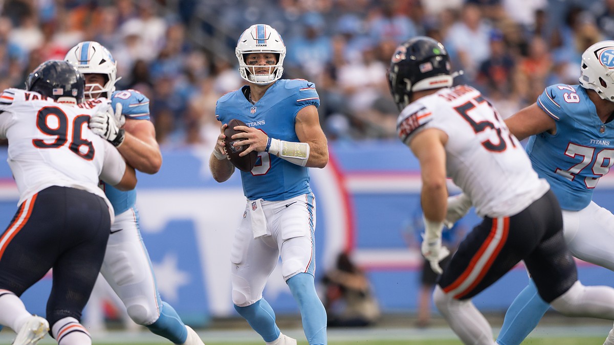 Tennessee Titans quarterback Will Levis looks downfield from the pocket during a preseason game at Nissan Stadium.