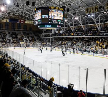 A wide view of Yost Ice Arena during a Big Ten quarterfinal between Michigan and Michigan State.