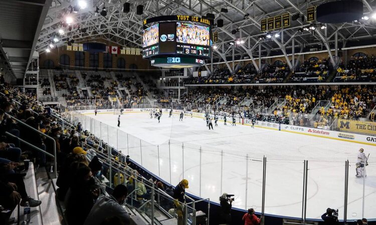A wide view of Yost Ice Arena during a Big Ten quarterfinal between Michigan and Michigan State.