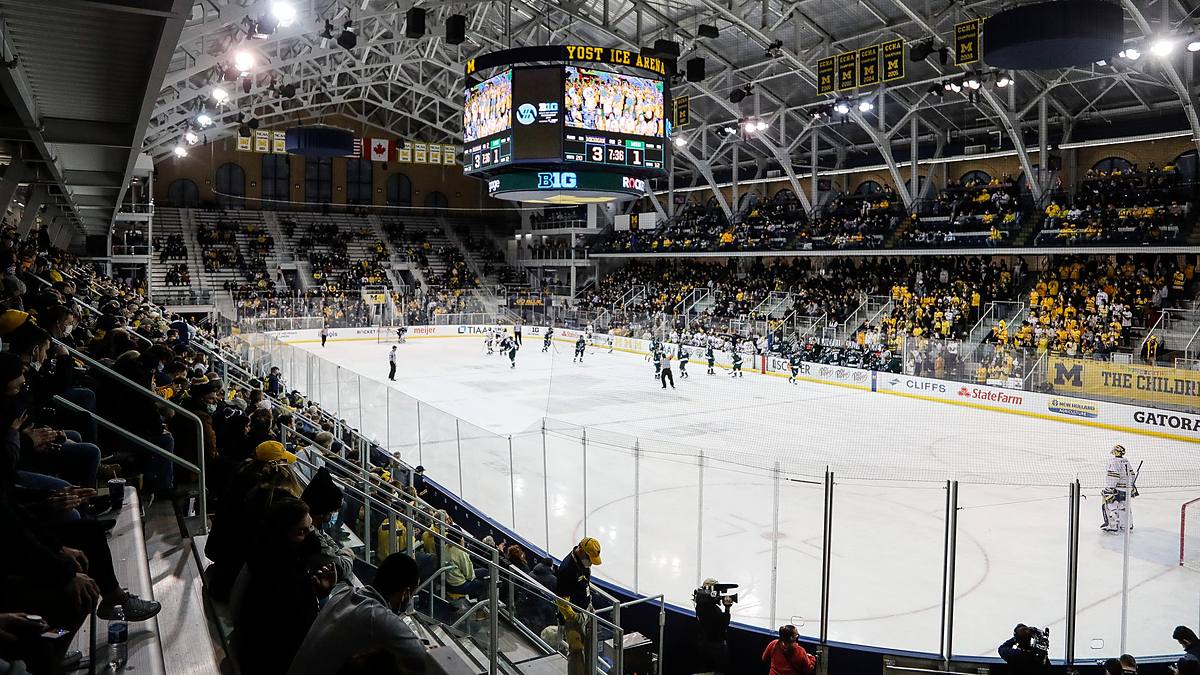 A wide view of Yost Ice Arena during a Big Ten quarterfinal between Michigan and Michigan State.