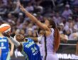 Dallas Wings guard Arike Ogunbowale leans back on a shot as Golden State Valkyries center Kiah Stokes contests.