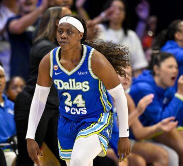 Dallas Wings guard Arike Ogunbowale jogs back upcourt in a blue Dallas jersey as teammates cheer from the bench behind her.
