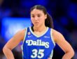 Wings guard Azzi Fudd stands with her hands on her hips in a blue Dallas jersey.