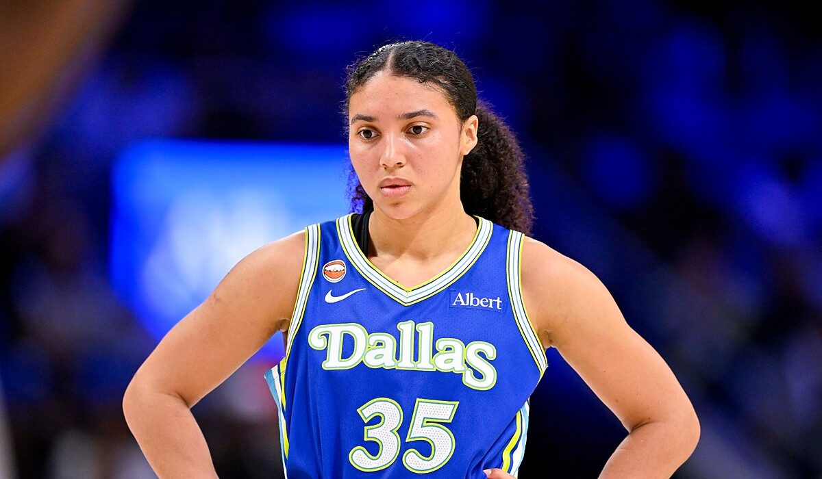 Wings guard Azzi Fudd stands with her hands on her hips in a blue Dallas jersey.