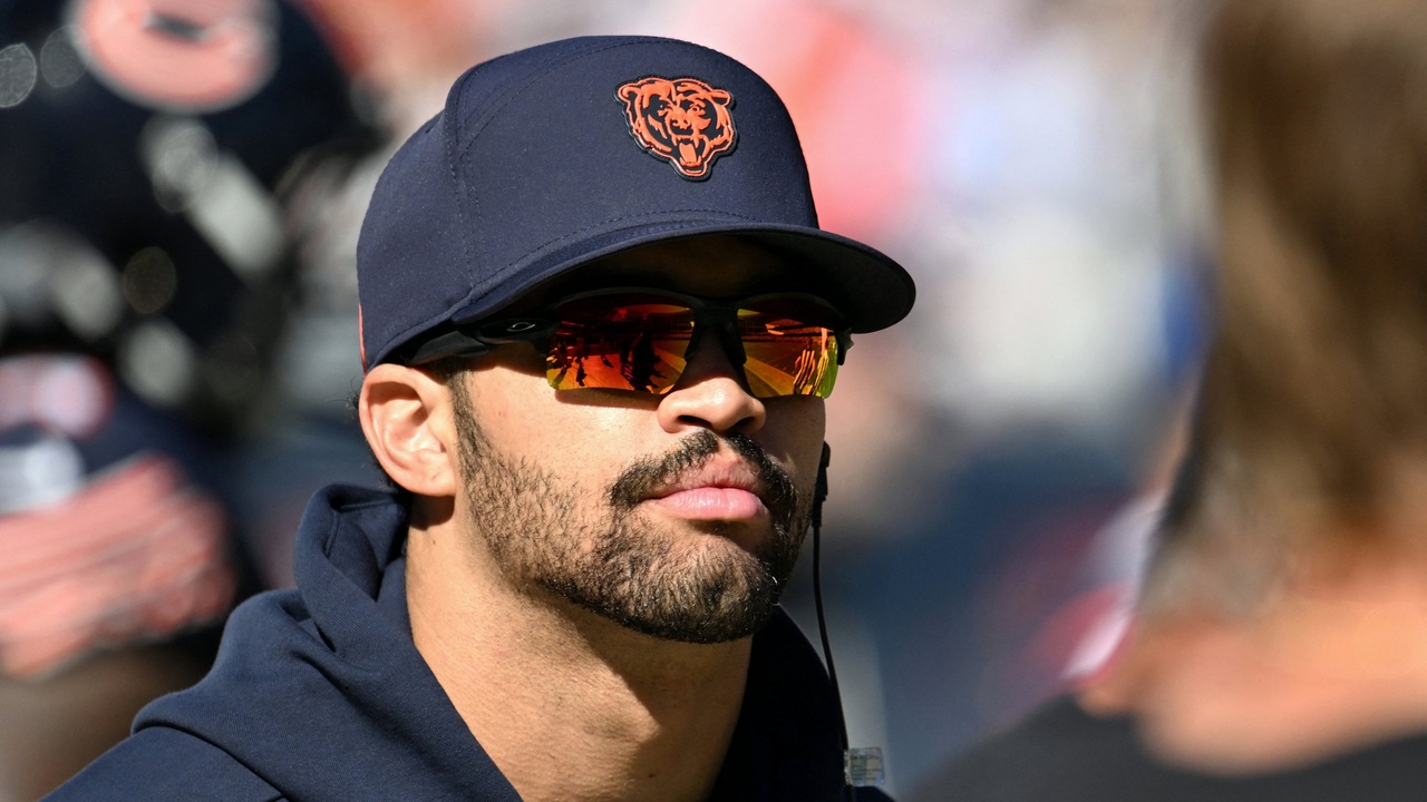 Chicago Bears quarterback Caleb Williams #18 walks on the sideline against the New York Jets at Soldier Field.