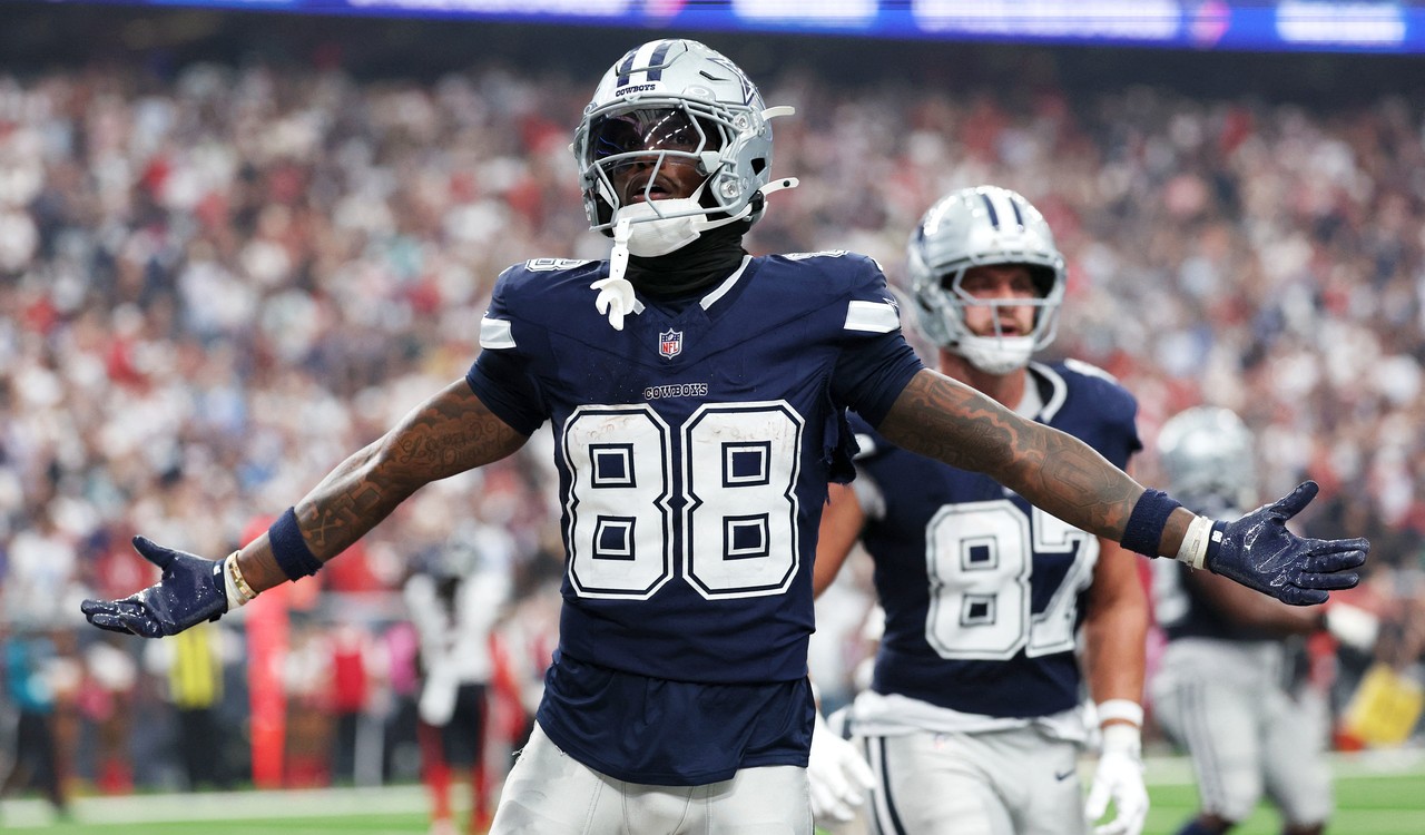 Dallas Cowboys wide receiver CeeDee Lamb (88) celebrates after scoring a fourth-quarter touchdown against the Houston Texans at Reliant Stadium.