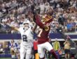 Dallas Cowboys cornerback Cobie Durant reaches to break up a pass in the end zone intended for Washington Commanders wide receiver Terry McLaurin.